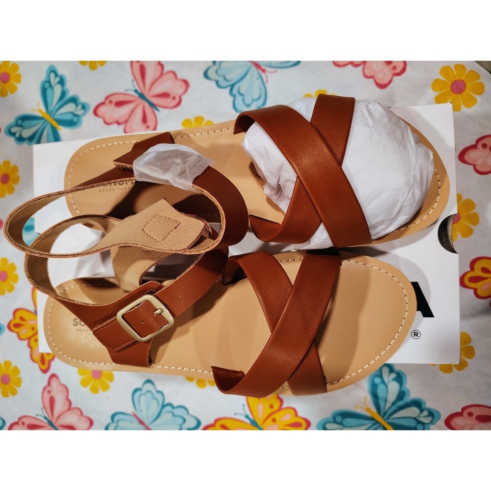 Sonoma Goods For Life Fenleyy Cognac Brown Strappy Flat Sandals Girls Size 6